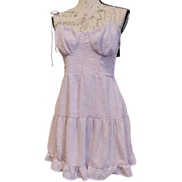 New Lavender Purple Floral Embroidered Tiered Milkmaid Style Ruffle Sundress - Picture 3 of 6